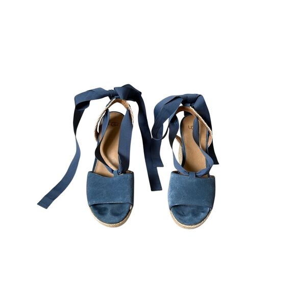 UGG Shiloh Suede Blue Sandals size 8.5 Wedge Espadrille Ribbon Tie Open Toe - Picture 4 of 11